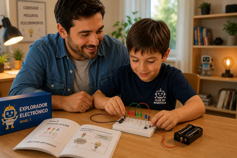 Adulto acompañando a un niño durante una actividad de electrónica