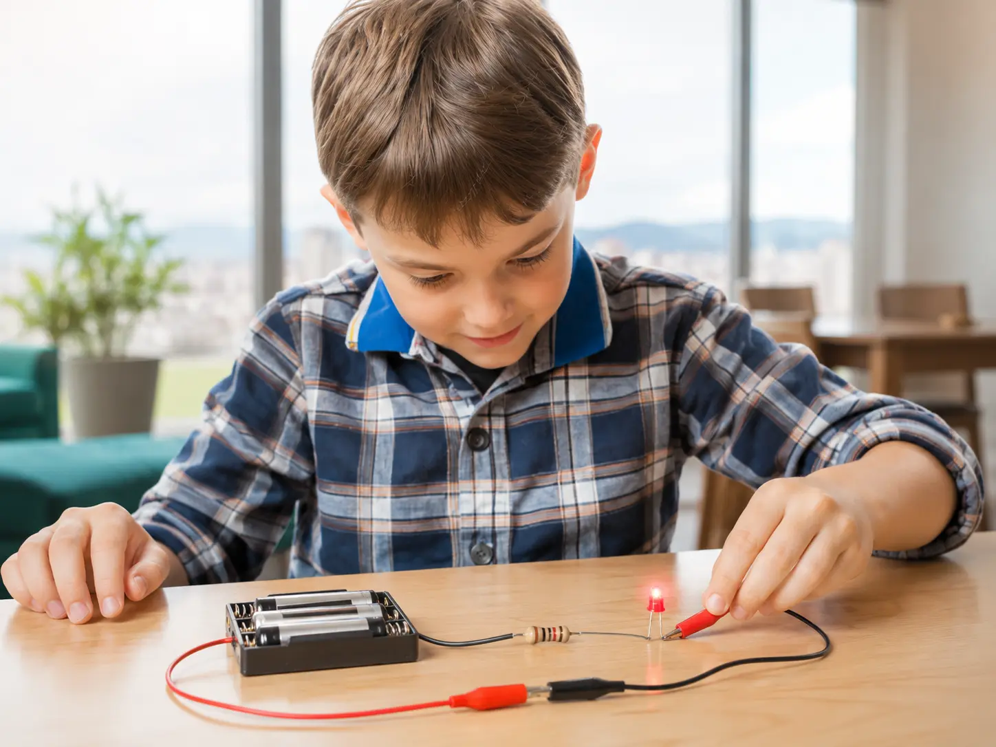 Niño aprendiendo electrónica al construir su primer circuito